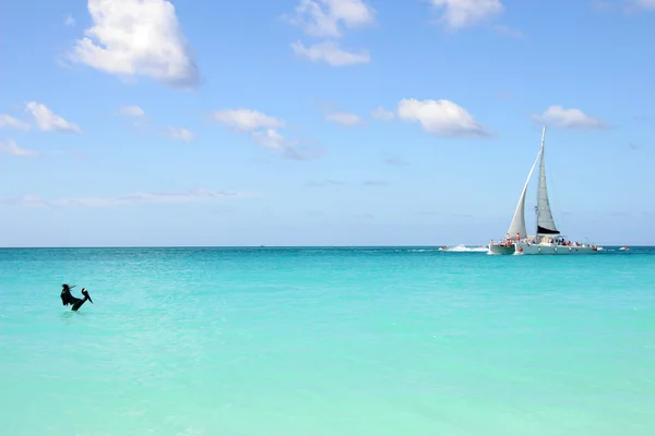 Praia tropical com iate e pelicano, Aruba — Fotografia de Stock