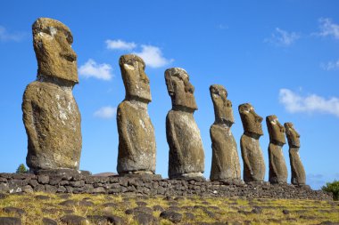 View of seven Ahu Akivi Moai, which are the only Moai to face the sea, Rapa Nui, Easter Island, Chile. clipart