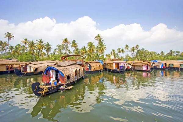 Traditioneel huis boten afgemeerd samen langs de oevers van de backwaters van kerala, alleppey, india. — Stockfoto