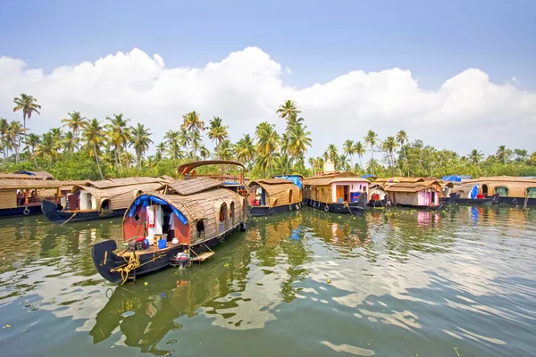 Traditioneel huis boten afgemeerd samen langs de oevers van de backwaters van kerala, alleppey, india. Rechtenvrije Stockfoto's