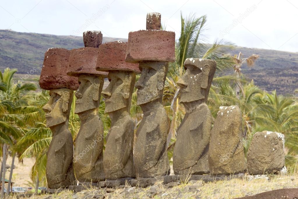 Ahu Nau Nau Moai Statues at Anakena Beach with red scoria headdress's, Easter Island, Chile.