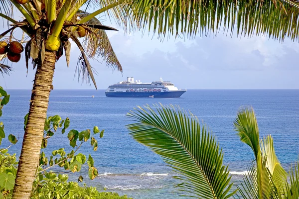 Navio de cruzeiro ancorado na baía ao largo da costa ocidental da Ilha Niue, Pacífico Sul . — Fotografia de Stock