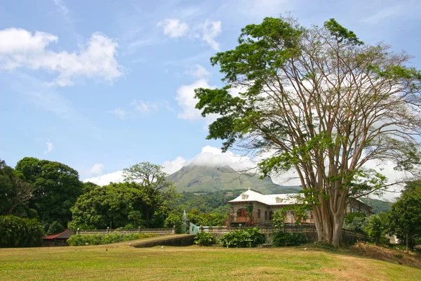 Martinique landschap met een landhuis & vulkaan in de ba — Stockfoto