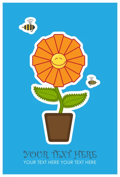 Tarjeta de felicitación con divertida flor y abeja . — Vector de stock