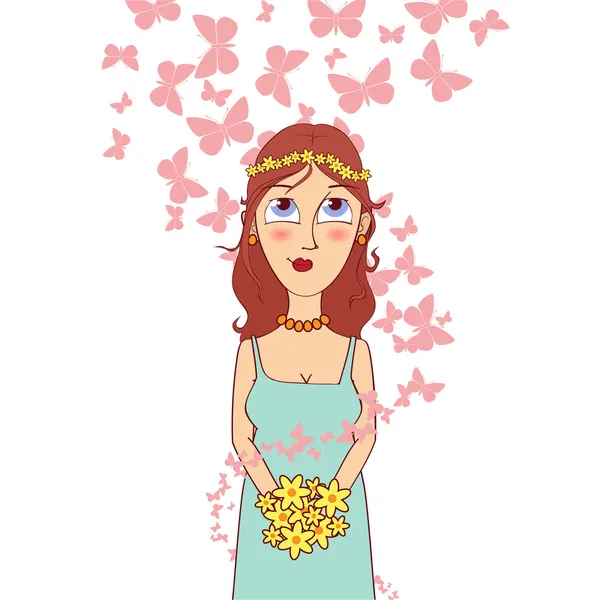 Primavera chica con mariposa . — Vector de stock