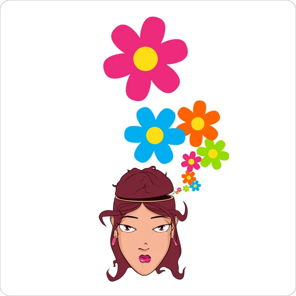 Hermosa cabeza de chica con flores. Ilustración vectorial . — Vector de stock