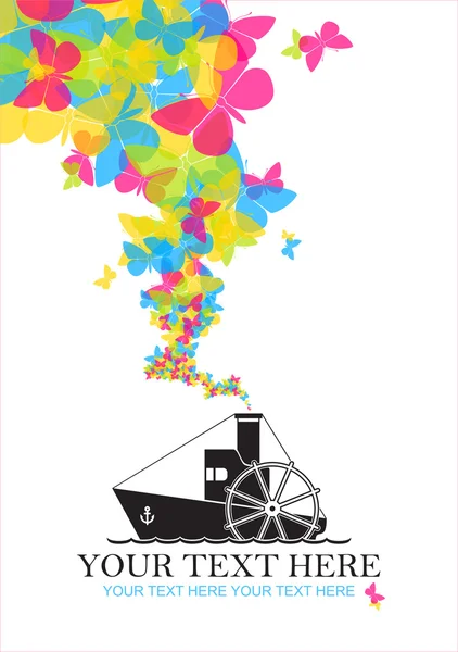 Abstract vector illustration with steamship and butterflies. Pla — Stock Vector