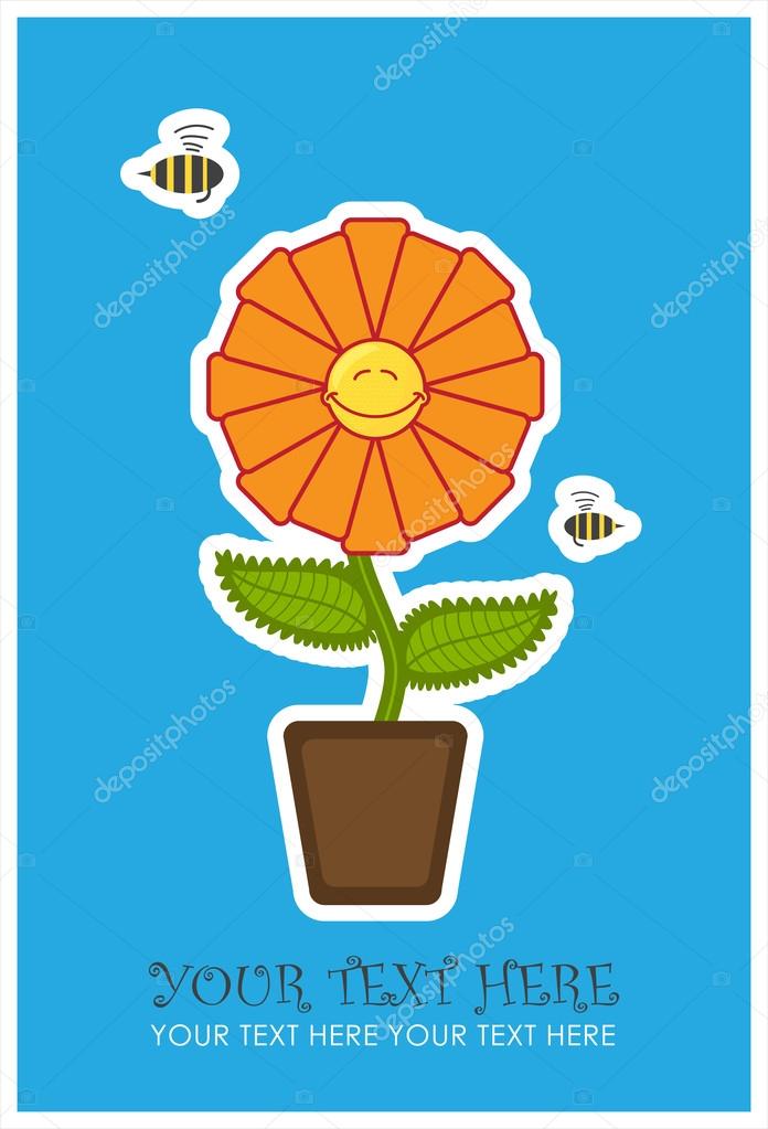 Greeting card with funny flower and bee.