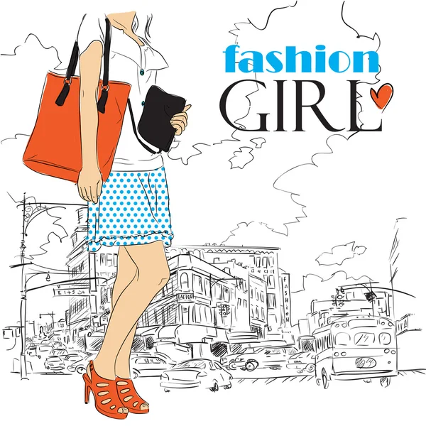 Κορίτσι της μόδας σε σκίτσο στιλ σε μια πόλη-φόντο. εικονογράφηση φορέας. — Διανυσματικό Αρχείο