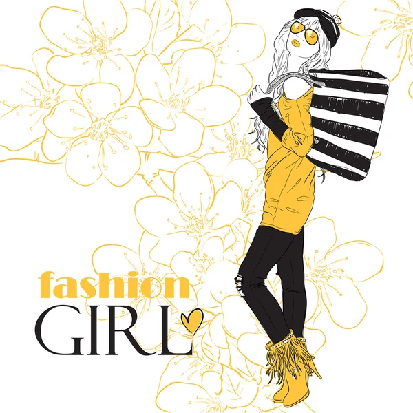 Fashion girl dans le style croquis sur un fond floral.Illustration vectorielle . — Image vectorielle