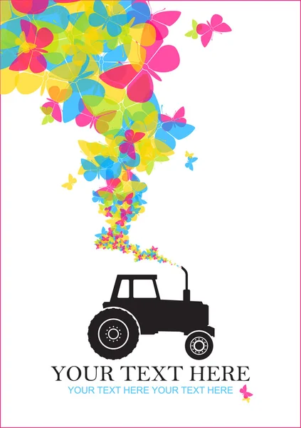 Abstract vector illustration with tractor and butterflies. Place for your text — Stock Vector