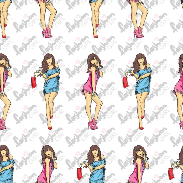 Textura sin costura vectorial con chicas de moda en estilo de boceto . — Vector de stock