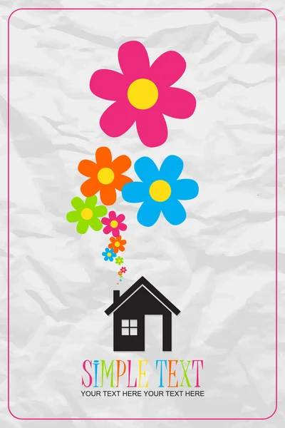 Casa y flores en lugar de humo saliendo de la chimenea sobre un fondo de papel. Ilustración abstracta del vector . — Archivo Imágenes Vectoriales