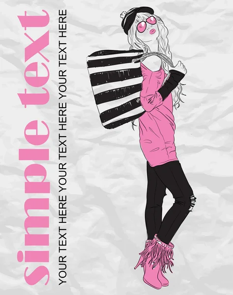 Chica de moda en estilo de boceto sobre un fondo de papel. Ilustración vectorial. Lugar para su texto . — Vector de stock