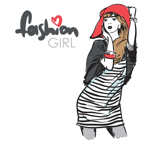 Fashion girl in sketch-style. Vector illustration. — Stock Vector