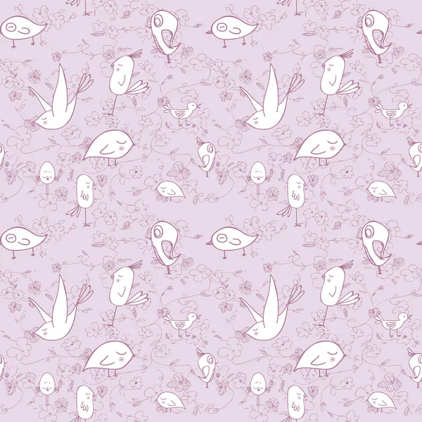 Seamless pattern with cartoon birds and flowers. Vector — Stock Vector