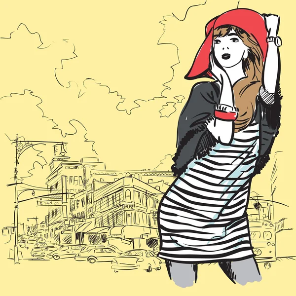 Menina da moda em estilo esboço em uma cidade de fundo. Ilustração vetorial. Lugar para o seu texto . — Vetor de Stock