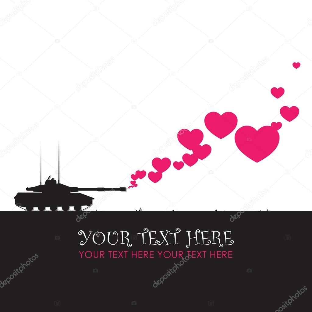 Abstract vector illustration with tank and hearts. Place for your text.