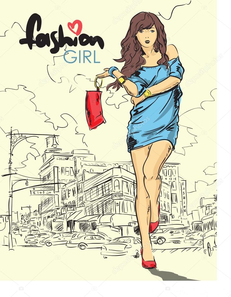 Sexy fashion girl in sketch style on a street background. Vector illustrator.