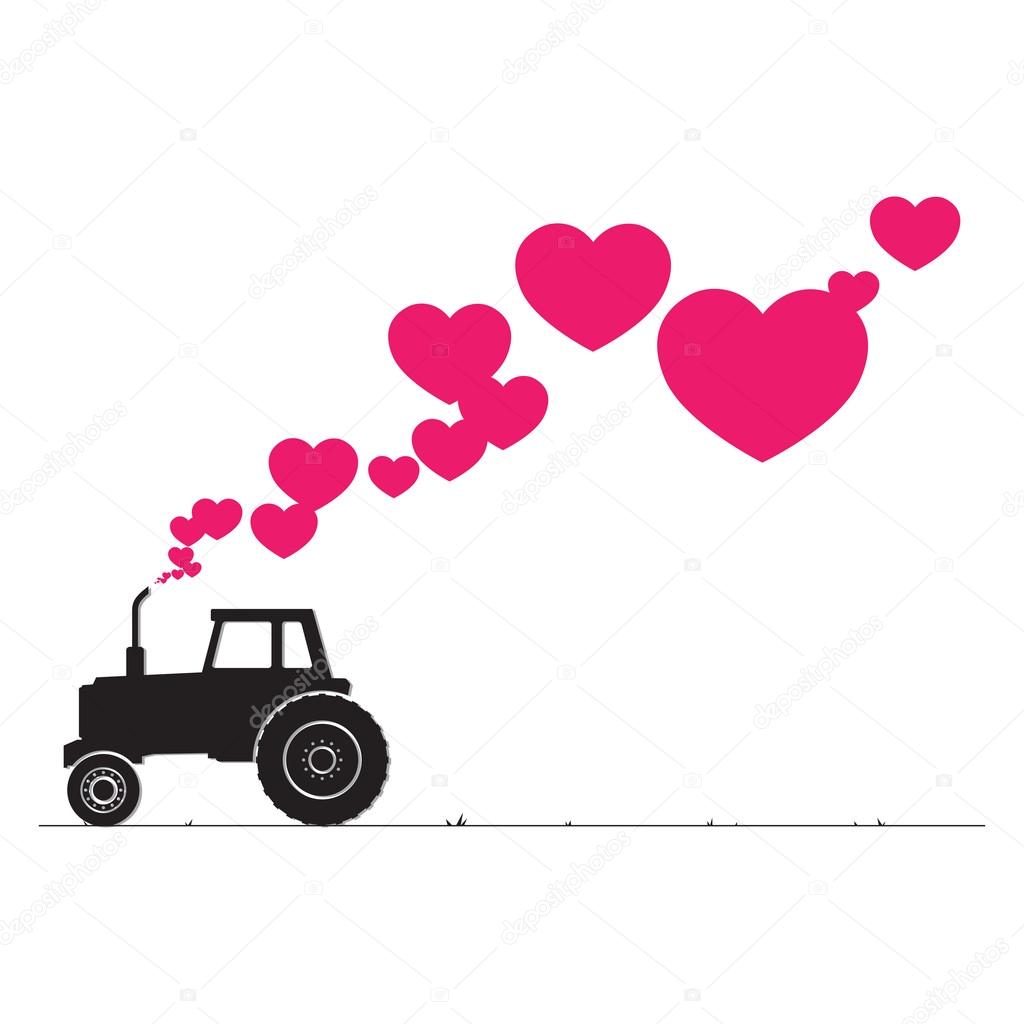 Abstract vector illustration with tractor and hearts.