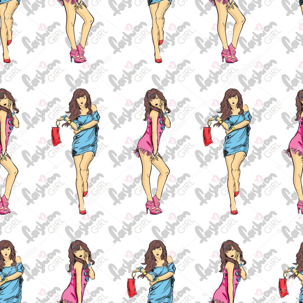 Vector seamless texture with fashion girls in sketch-style.