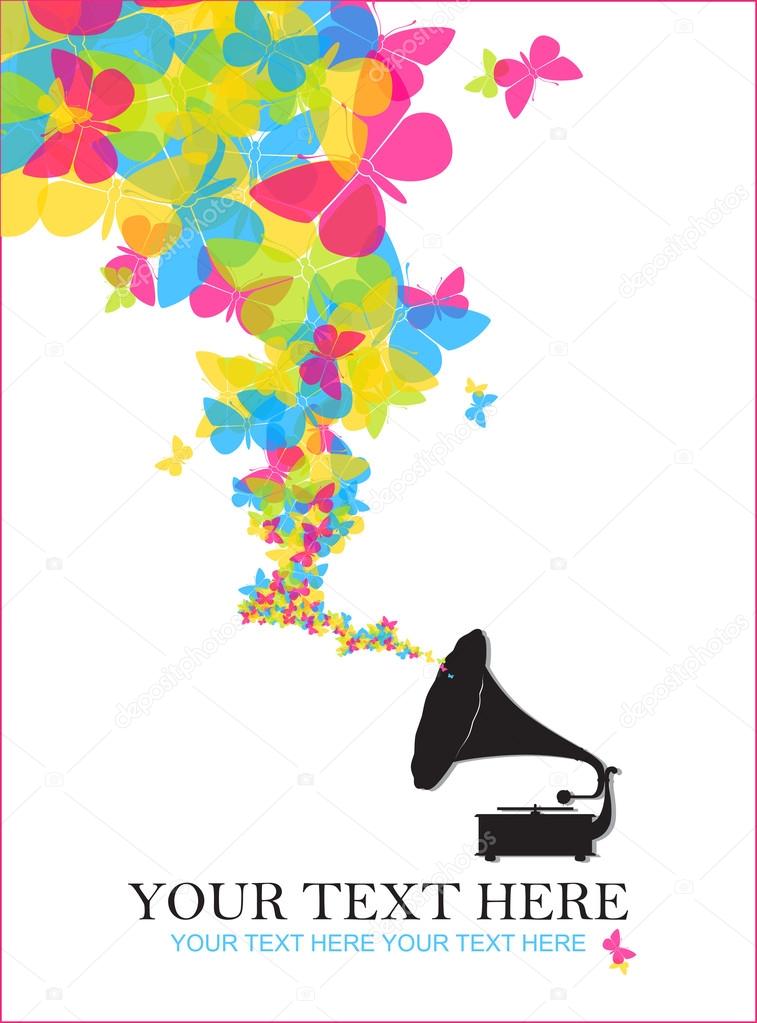 Vintage gramophone with butterflies. Abstract vector illustration. Place for your text.