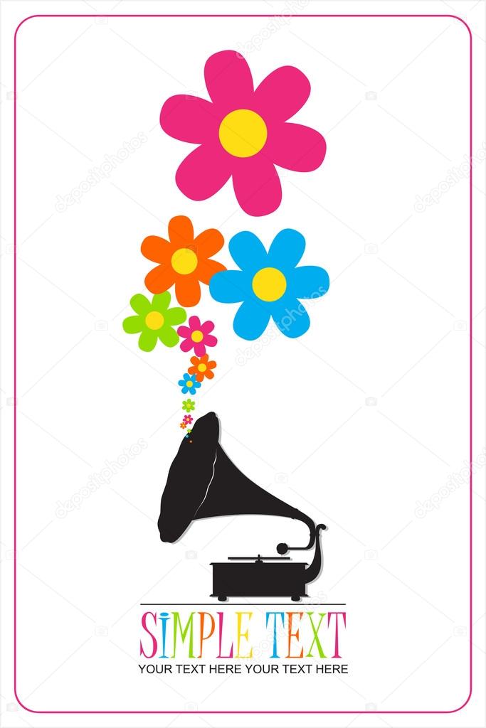 Vector illustration with vintage gramophone and flowers.