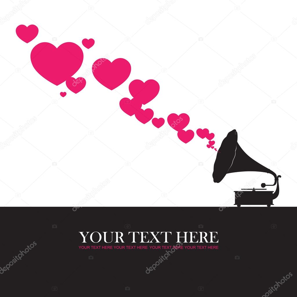 Vintage gramophone with hearts. Abstract vector illustration. Place for your text.