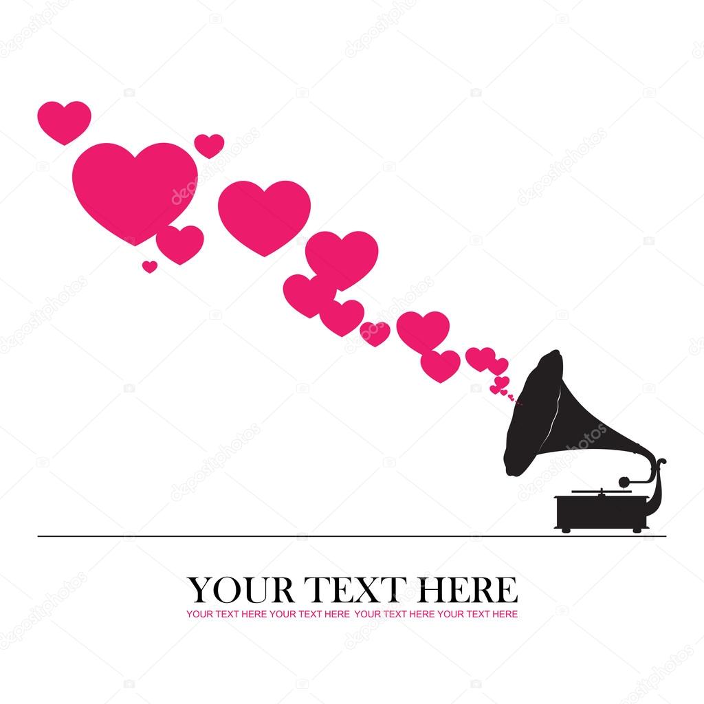 Vintage gramophone with hearts. Abstract vector illustration. Place for your text.