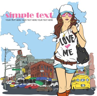 üzerinde bir şehir arka plan .vector illüstrasyon kroki tarzı kız moda.