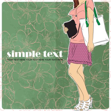 üzerinde kirli arka plan .vector illüstrasyon kroki tarzı kız moda.