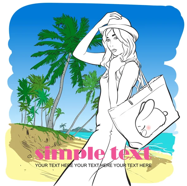 Fashion girl in sketch-style on a beach-background. Vector illustration. Place for your text. — Stock Vector