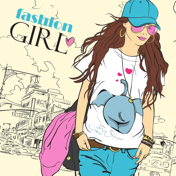 Sexy fashion girl in sketch style on a city-background. Place for your text. — Stock Vector