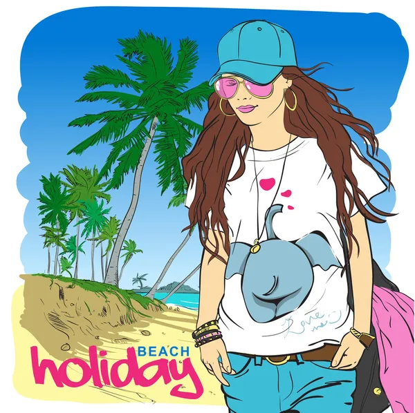 Sexy fashion girl in sketch-style on a beach-background. Vector illustration. — Stock Vector