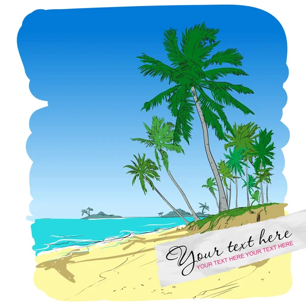 Playa de verano con palmeras en estilo boceto. Ilustración vectorial . — Vector de stock