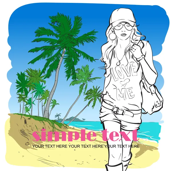 Mode sexig tjej i skiss-stil på stranden-bakgrund. vektor illustration. — Stock vektor