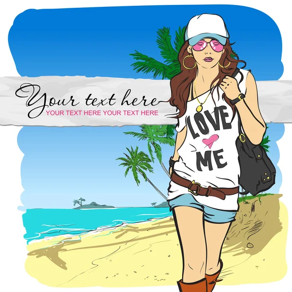 Sexy Mode Mädchen im Sketch-Stil auf einem Strand-Hintergrund. Vektorillustration. Platz für Ihren Text. — Stockvektor