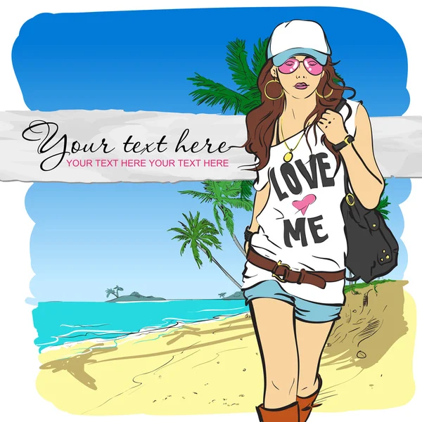 Sexy chica de moda en estilo de boceto en un fondo de playa. Ilustración vectorial. Lugar para su texto . — Archivo Imágenes Vectoriales