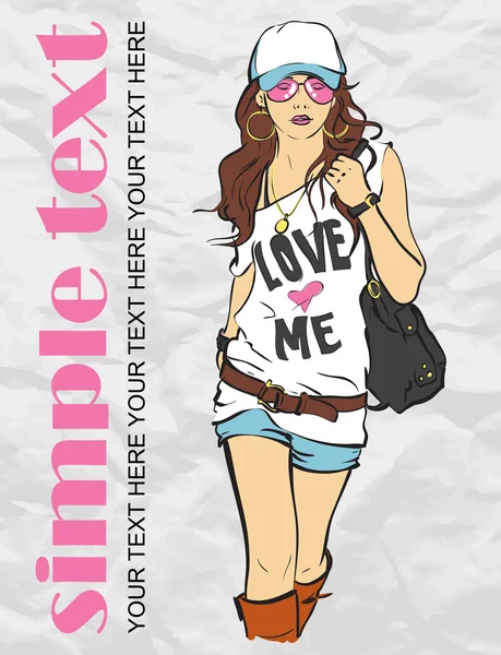 Sexy fashion girl in sketch style on a paper-background. Place for your text. — Stock Vector