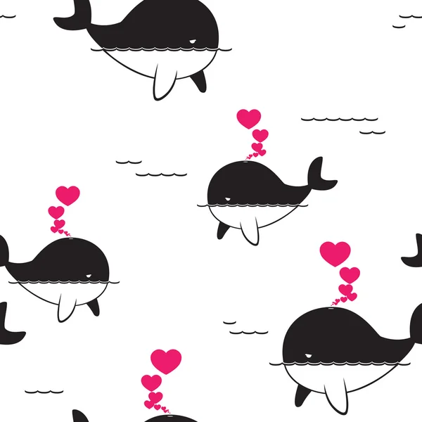 Vector seamless pattern with whale and hearts. — Stock Vector