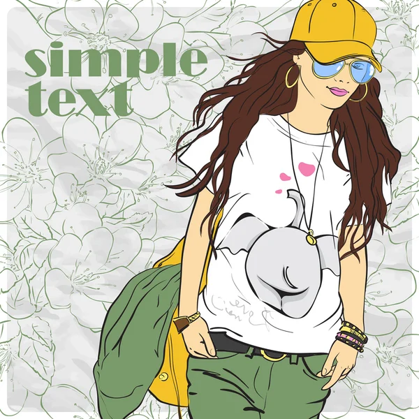 Mode Mädchen mit Tasche im Skizzenstil auf einem Papier-Hintergrund. Vektor-Illustration. Platz für Ihren Text. — Stockvektor