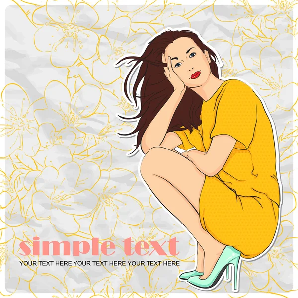 Sweet fashion girl in sketch-style on a grunge-background.. Vector illustration. Place for your text. — Stock Vector