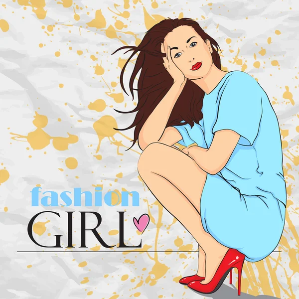 Sweet fashion girl in sketch-style on a grunge-background.. Vector illustration. Place for your text. — Stock Vector