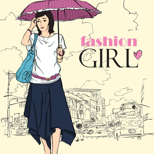 Fashion girl dans le style de croquis sur un fond de ville . — Image vectorielle