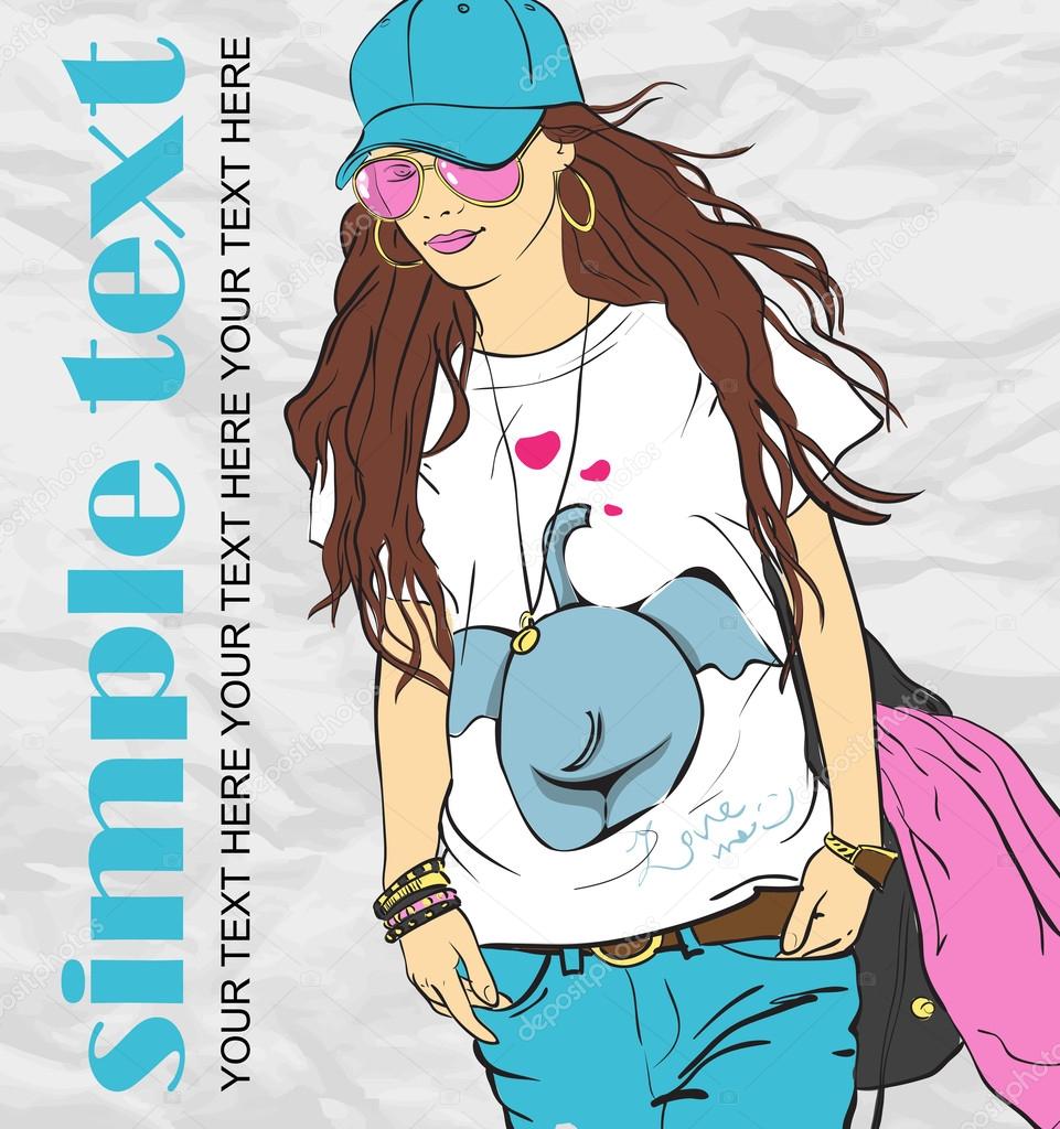 Fashion girl in sketch-style on a grunge background .Vector illustration.