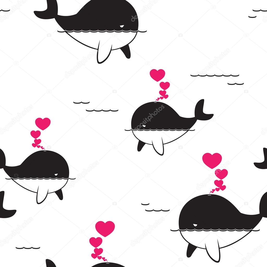 Vector seamless pattern with whale and hearts.