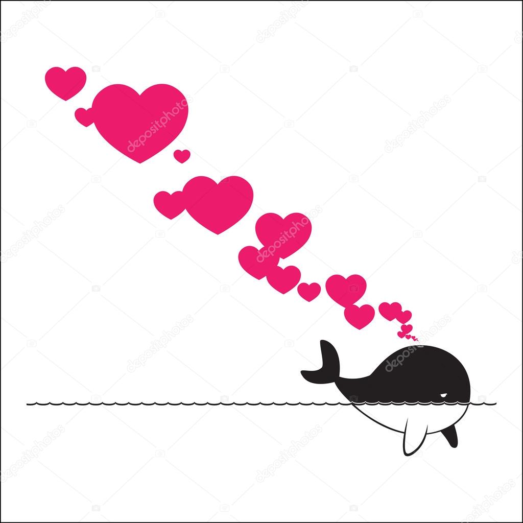 Abstract illustration of whale with hearts on a paper-background. Place for your text.