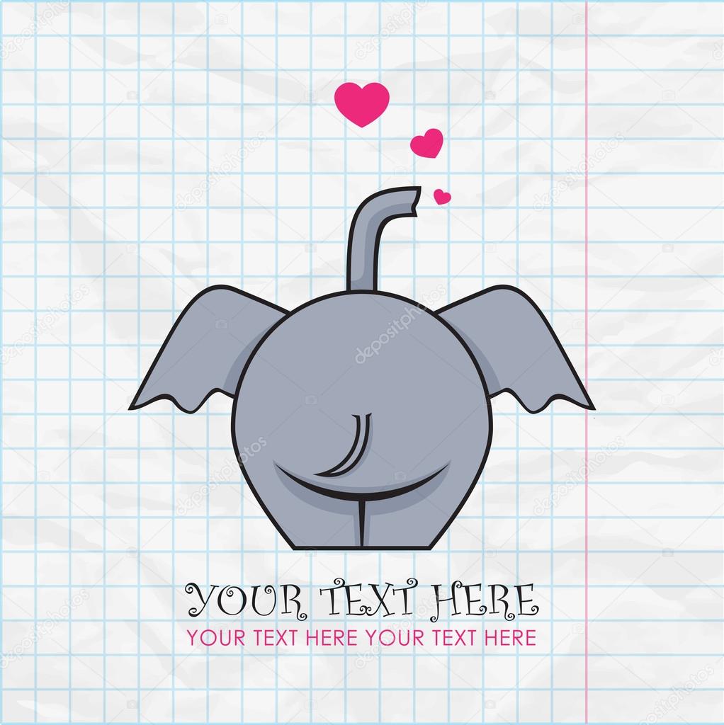 Funny elephant and hearts on a paper-background. Vector illustration. Place for your text.