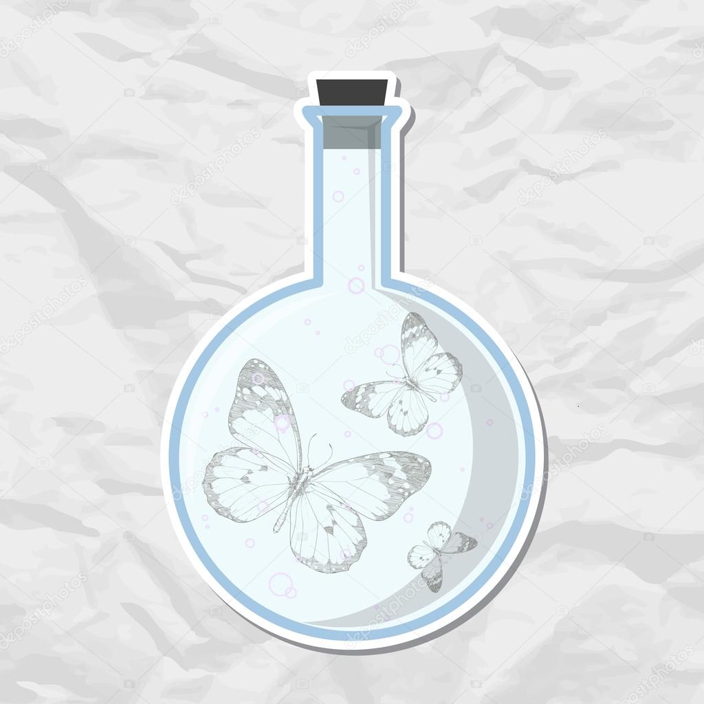 Abstract raster illustration of flask with butterflies.