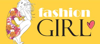 çiçek elbiseli seksi kız. vektör çizim. metin için yer.